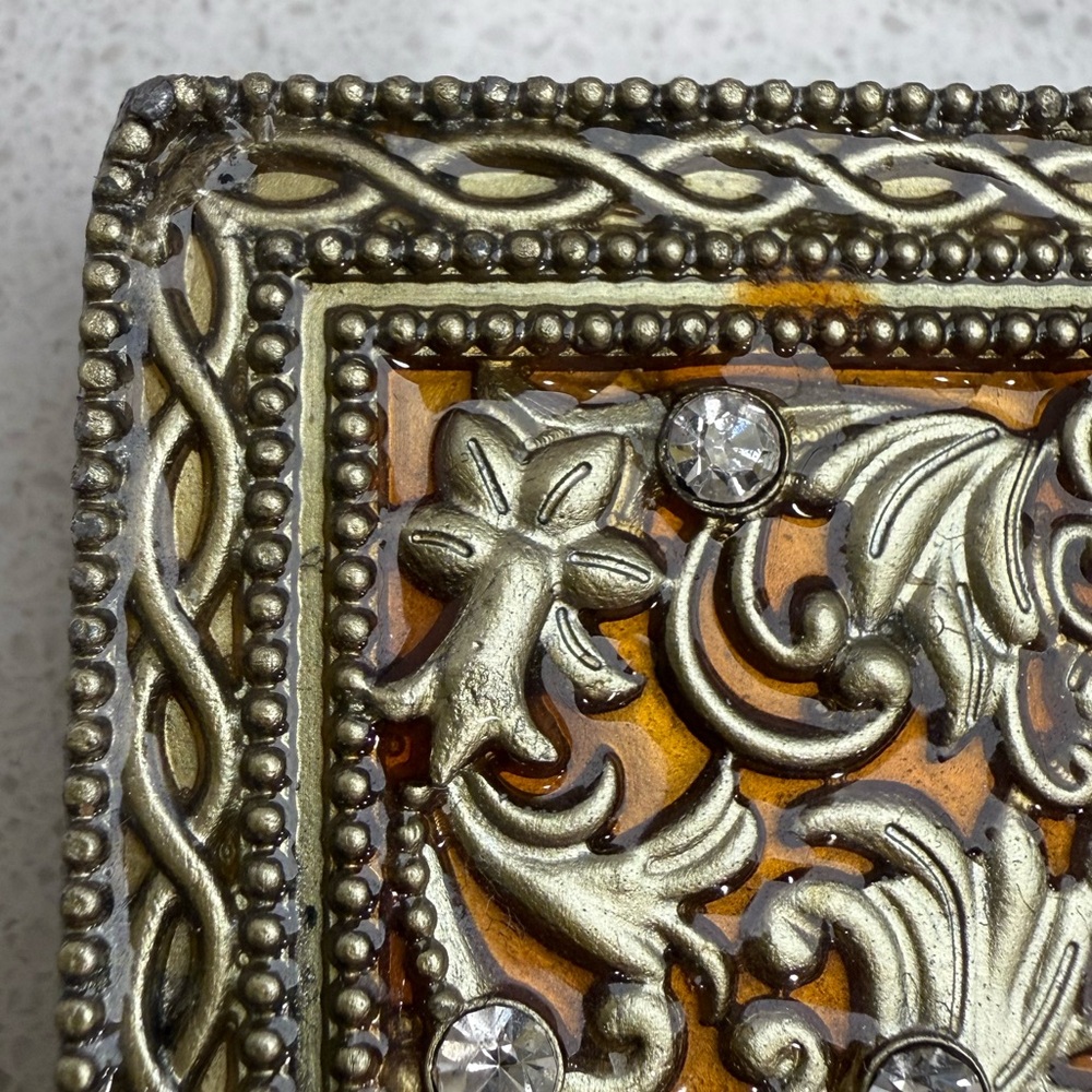 Ornate Black Tan Gold Tone Enamel Floral Rhinestones Frame Heavy - Picture 11 of 15